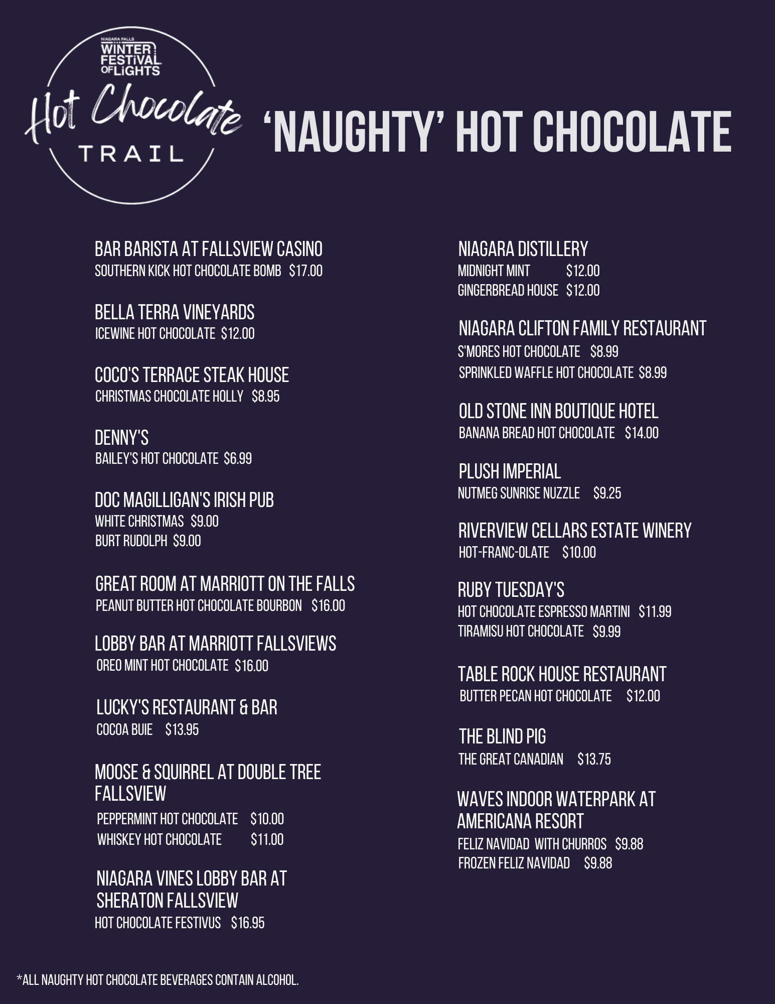 Naughty Hot Chocolate Menu - contains alcohol 